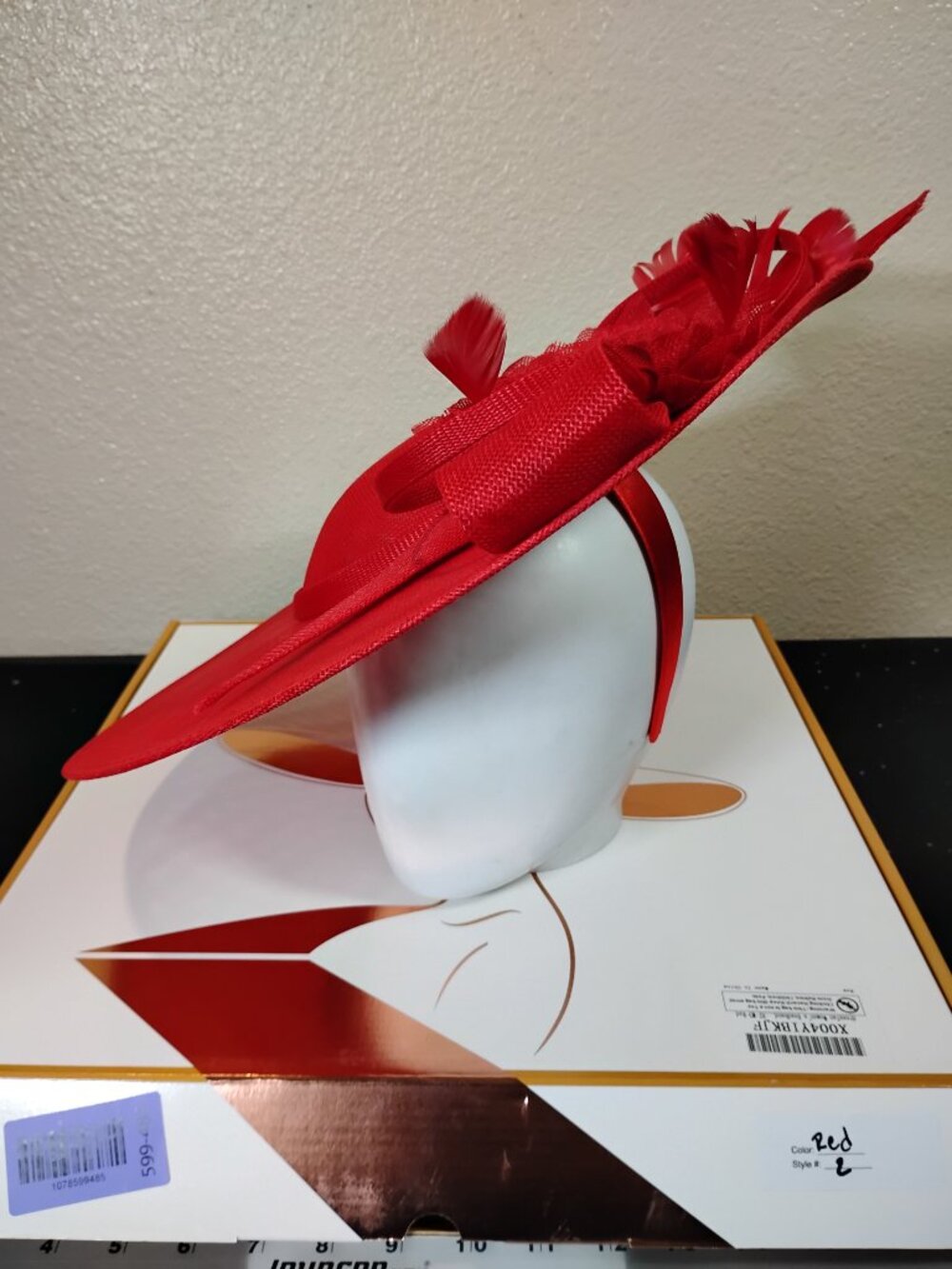 Red Fascinator Hat Kentucky Derby Church Wedding Tea Party Floral Feather - Picture 2 of 6